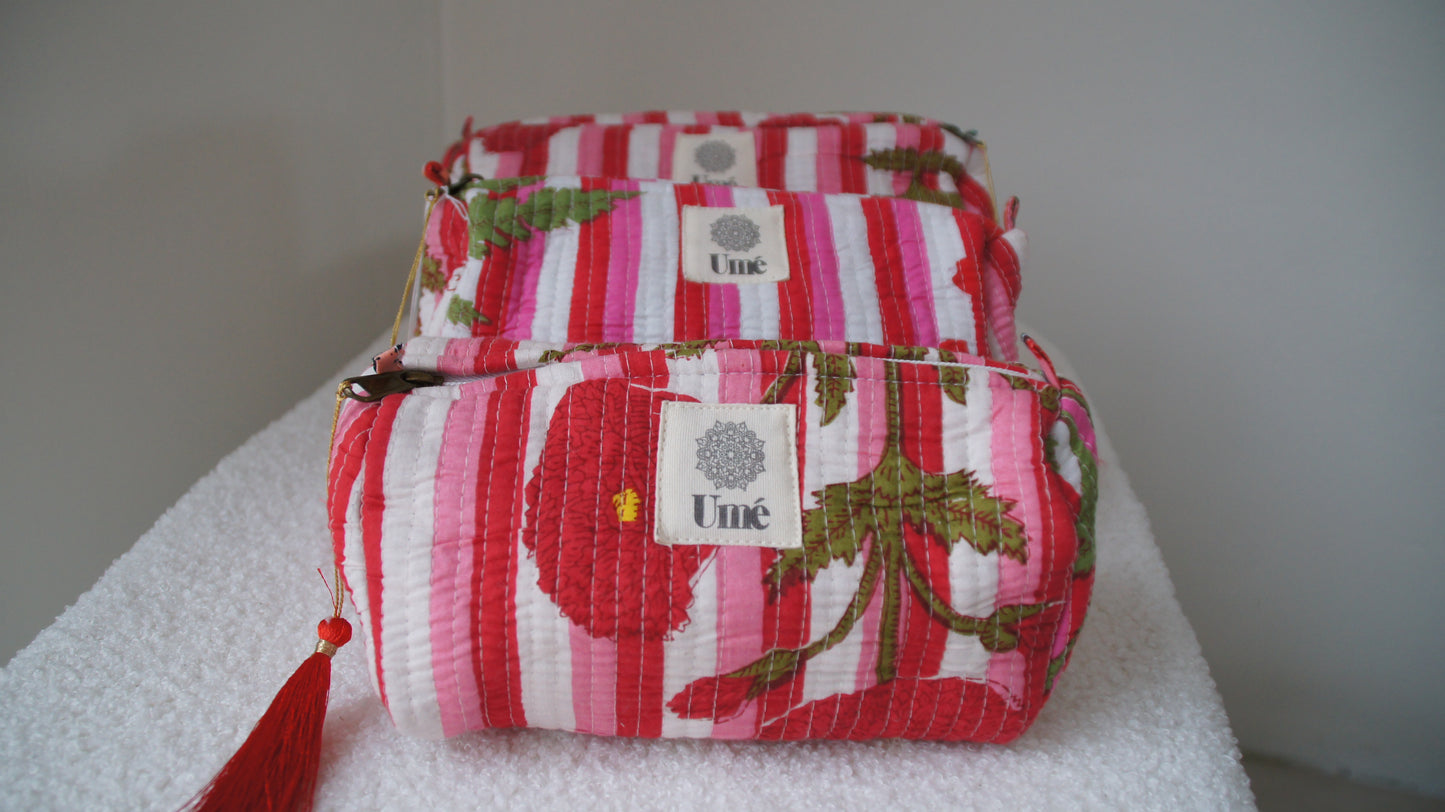 Toilettas rood/roze gestreept met bloem