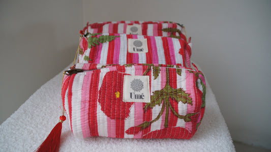 Toilettas rood/roze gestreept met bloem