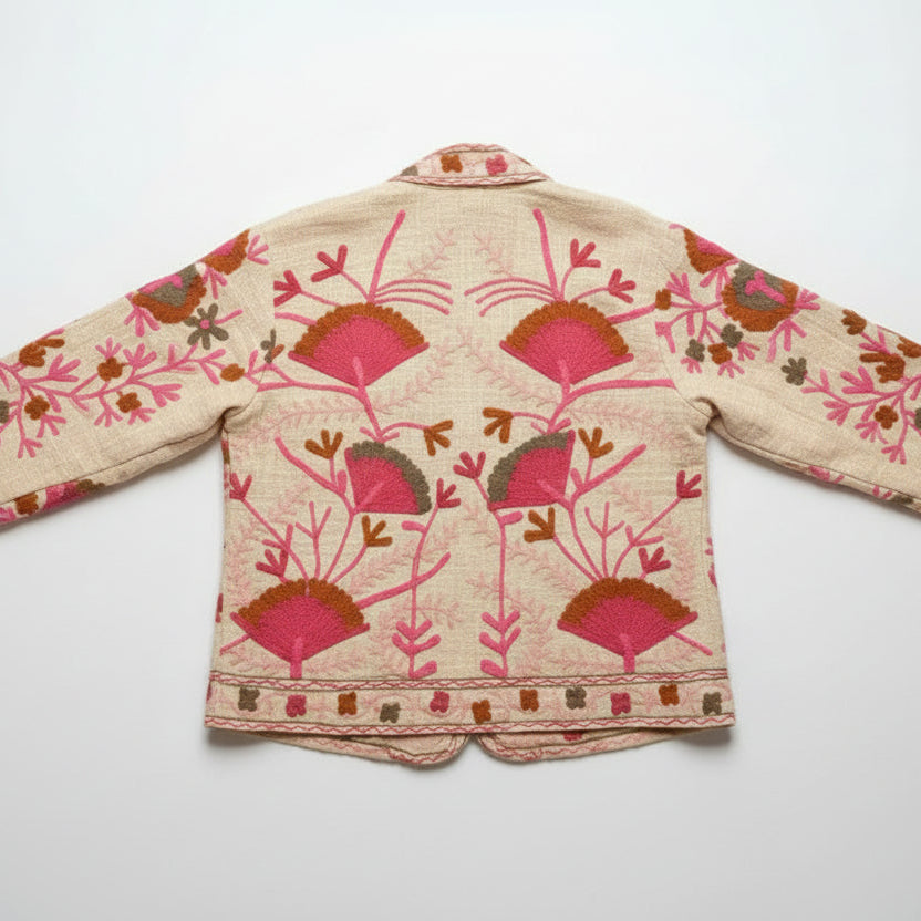 Suzani jasje geel - oranje/roze geborduurd