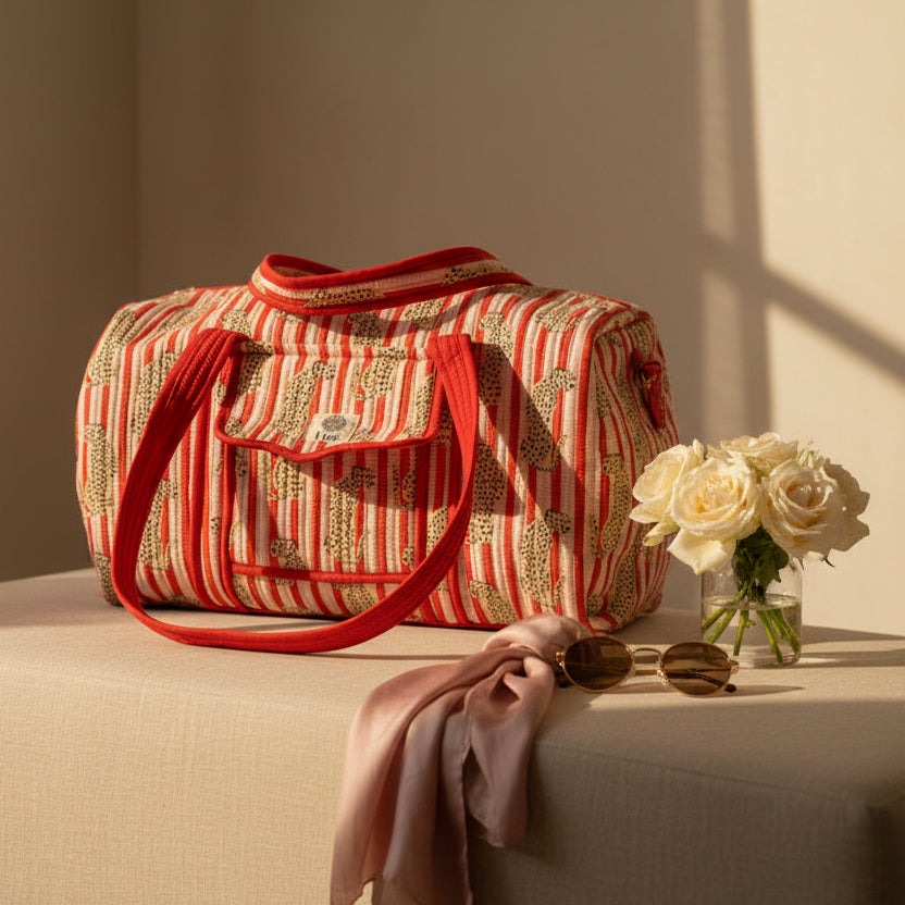 Weekendtas red striped leopard
